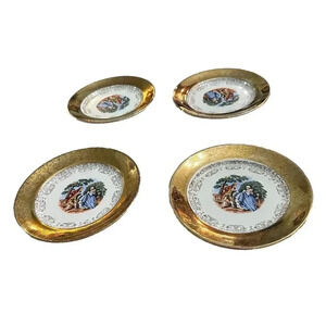 Vintage Sabin Crest-O-Gold 22K Trim Plate Colonial Lady Gentleman 7.25” Set Of 4